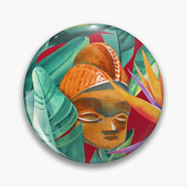 Item preview, African wooden masks and Strelitzia on dark red background designed and sold by Irina Ivanova.