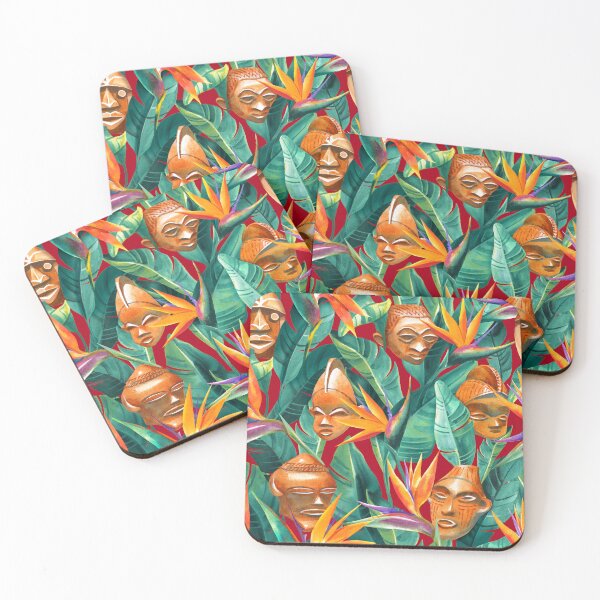 Item preview, African wooden masks and Strelitzia on dark red background designed and sold by Irina Ivanova.