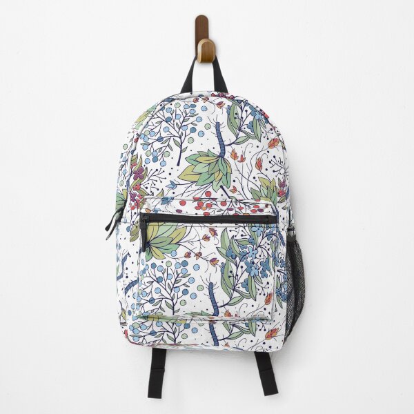 Item preview, Floral pattern : green leaves, blue and orange wild flowers and berries designed and sold by HappyNoireArt.