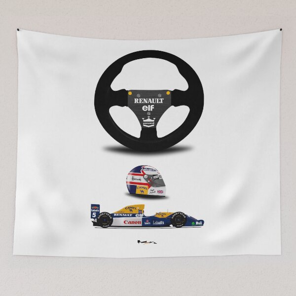 Item preview, Nigel Mansell FW14B - Steering wheel, helmet and car print (white) designed and sold by JageOwen.