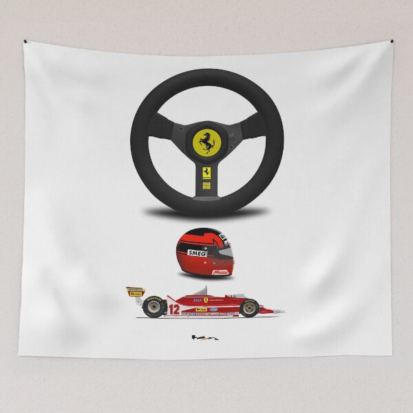 Item preview, Gilles Villeneuve Front 312T4 - Steering wheel, helmet and car print (white) designed and sold by JageOwen.