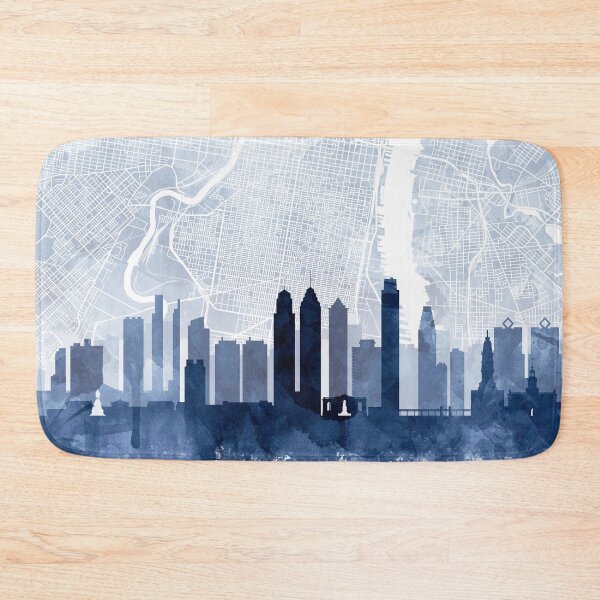 Artikelvorschau, Philadelphia Skyline & Karte Aquarell Marineblau, Druck von Zouzounio Art entworfen und verkauft von zouzounioart.