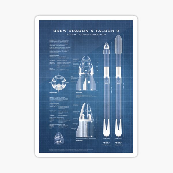 SpaceX Crew Dragon Spacecraft & Falcon 9 Rocket Blueprint in High Resolution (light blue) Sticker