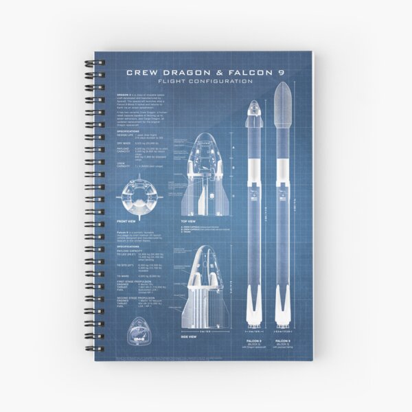 SpaceX Crew Dragon Spacecraft & Falcon 9 Rocket Blueprint in High Resolution (light blue) Spiral Notebook