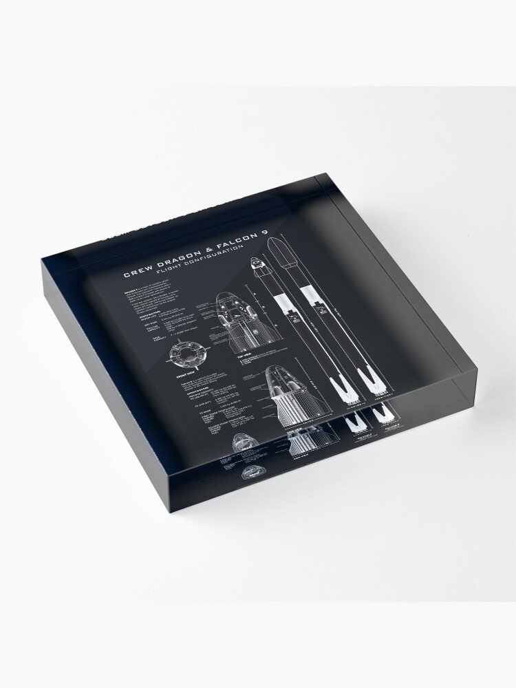 Alternate view of SpaceX Crew Dragon Spacecraft & Falcon 9 Rocket Blueprint in High Resolution (all black) Acrylic Block