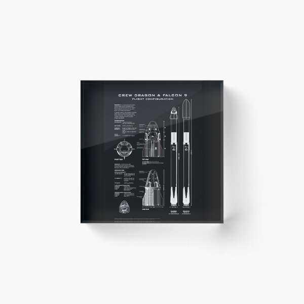 SpaceX Crew Dragon Spacecraft & Falcon 9 Rocket Blueprint in High Resolution (all black) Acrylic Block