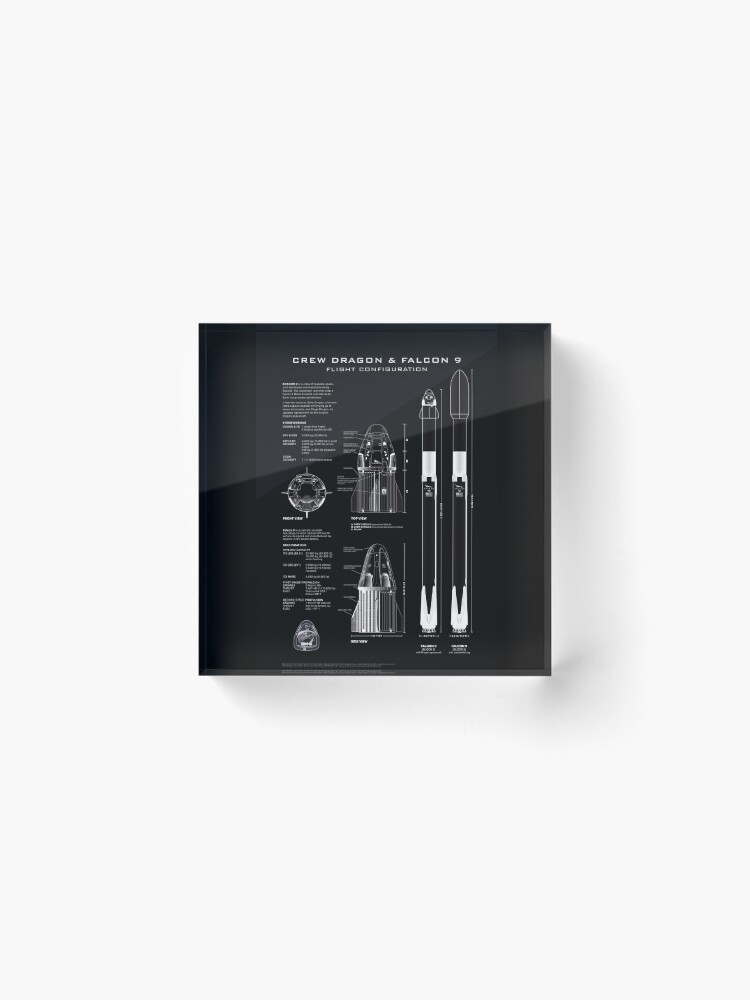 Alternate view of SpaceX Crew Dragon Spacecraft & Falcon 9 Rocket Blueprint in High Resolution (all black) Acrylic Block