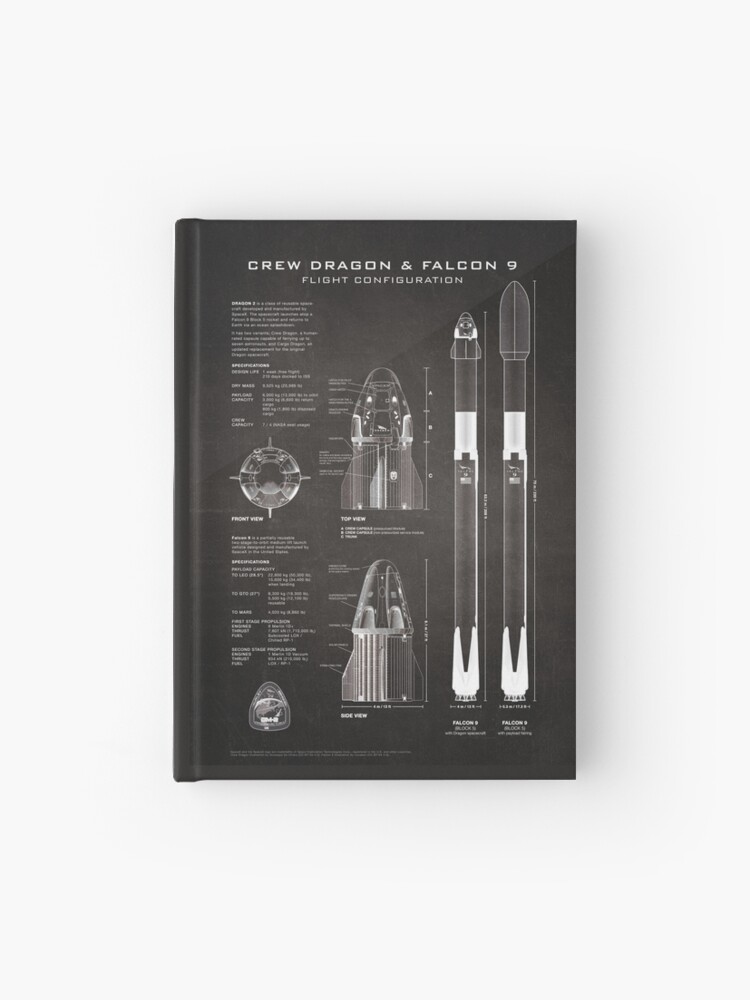 Thumbnail 1 of 3, Hardcover Journal, SpaceX Crew Dragon Spacecraft & Falcon 9 Rocket Blueprint in High Resolution (black) designed and sold by Ryan S. Horowitz.