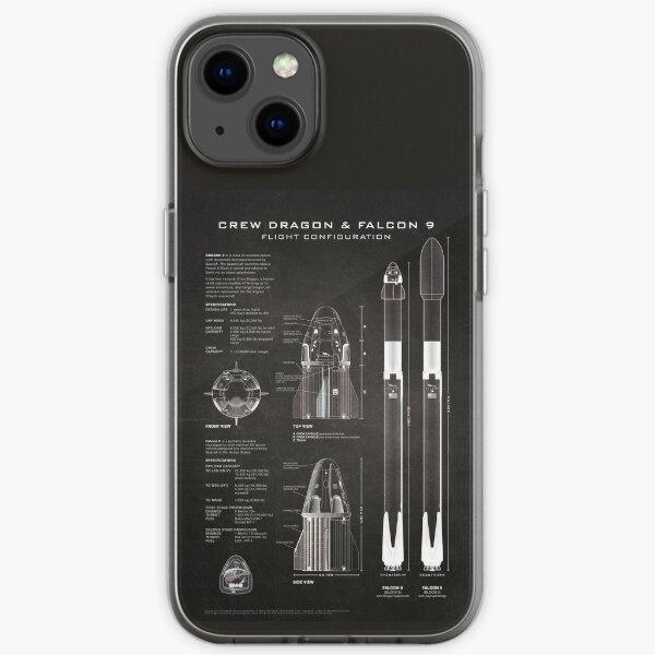 SpaceX Crew Dragon Spacecraft & Falcon 9 Rocket Blueprint in High Resolution (black) iPhone Soft Case