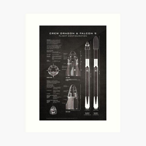 SpaceX Crew Dragon Spacecraft & Falcon 9 Rocket Blueprint in High Resolution (black) Art Print