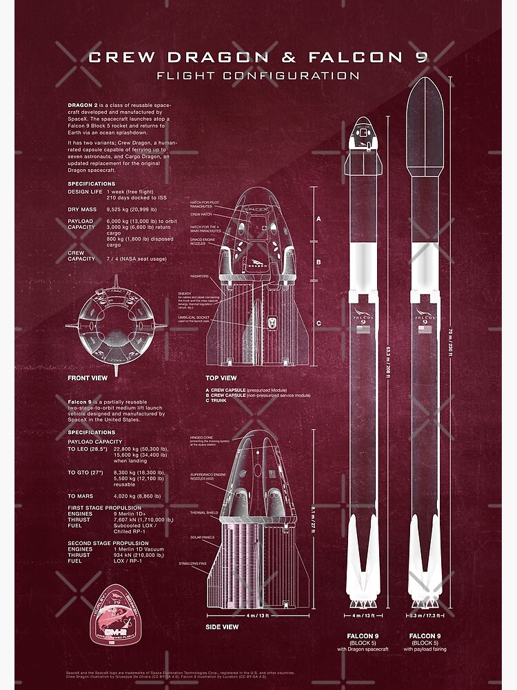 Disover SpaceX Crew Dragon Spacecraft & Falcon 9 Rocket Blueprint in High Resolution (red) Premium Matte Vertical Poster