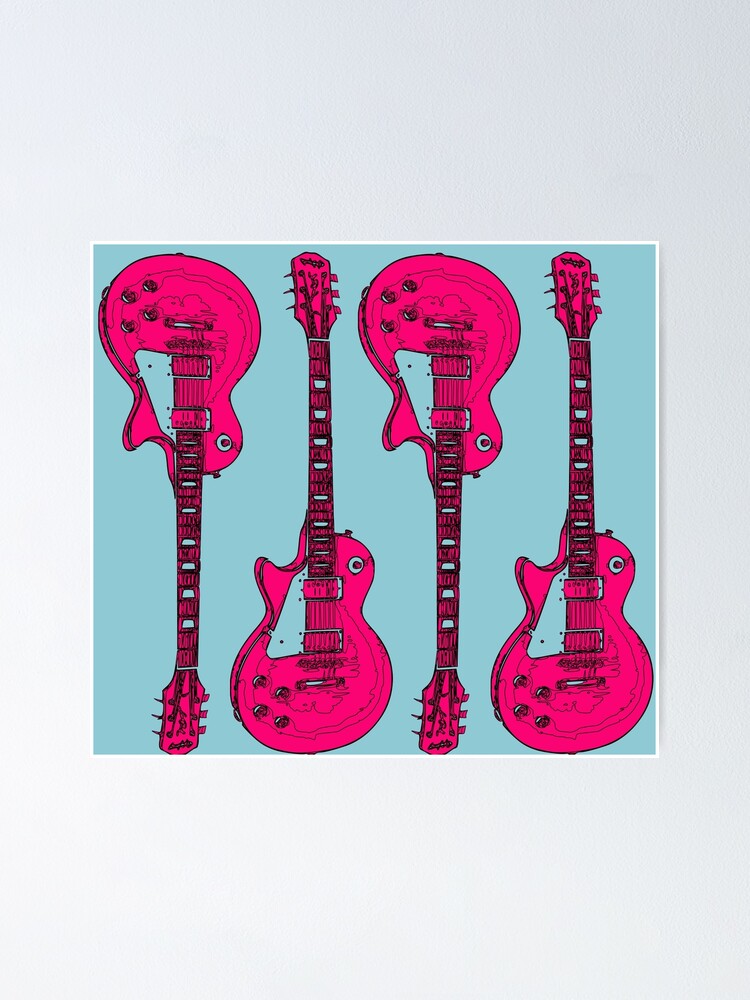 "Play Me Hot Pink Electric Guitars Against a Baby Blue Background