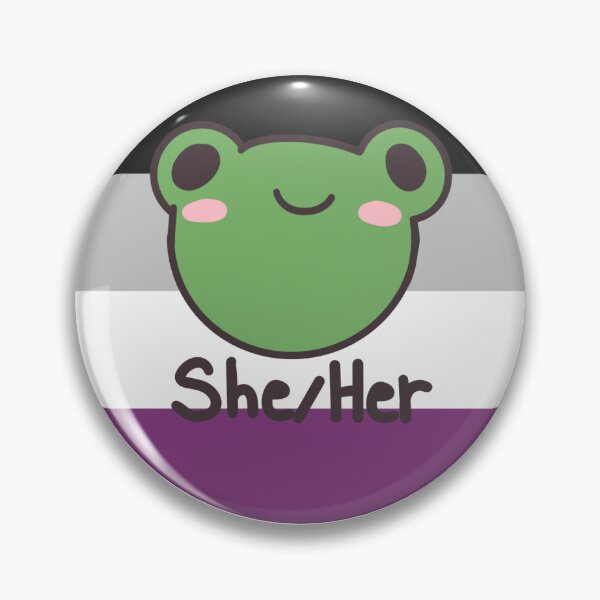 Item preview, Asexual She/Her Frog Pronoun Pin badge designed and sold by randox3stickers.