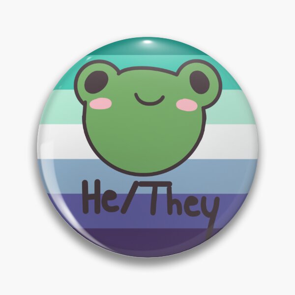Item preview, Gay He/They Frog Pronoun Pin badge designed and sold by randox3stickers.