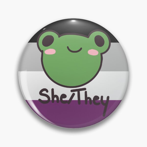 Item preview, Asexual She/They Frog Pronoun Pin badge designed and sold by randox3stickers.