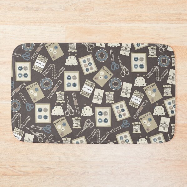 Item preview, Sewing accessories with buttons, scissors, sewing pins, sewing needles and measuring tape in brown, blue and cream designed and sold by kapotka.
