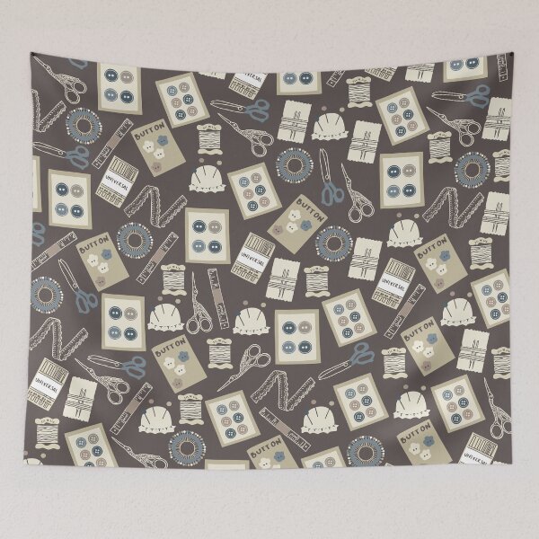 Item preview, Sewing accessories with buttons, scissors, sewing pins, sewing needles and measuring tape in brown, blue and cream designed and sold by kapotka.