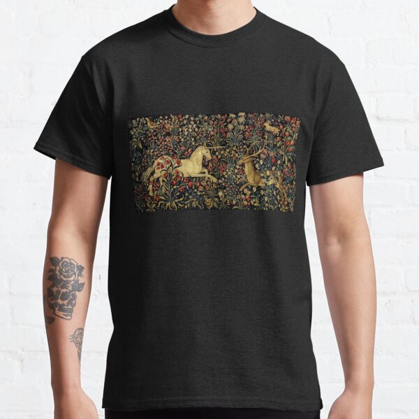 Medieval Unicorn Midnight Floral Tapestry Classic T-Shirt