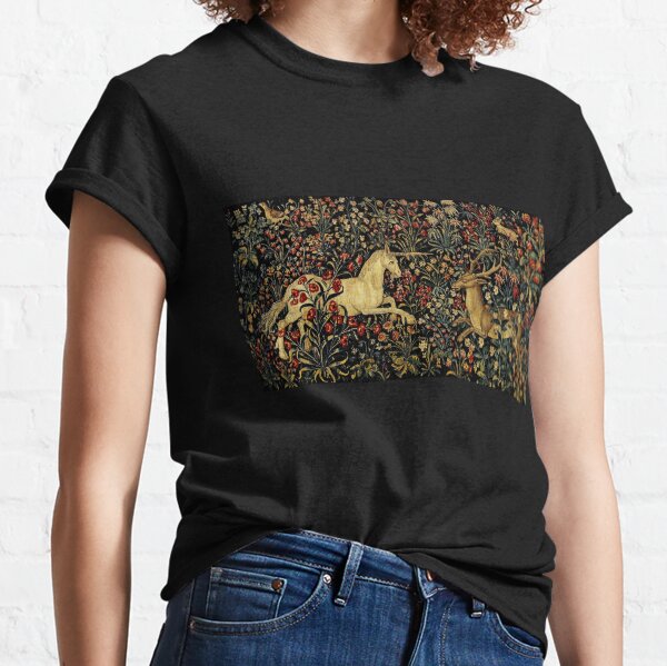 Medieval Unicorn Midnight Floral Tapestry Classic T-Shirt
