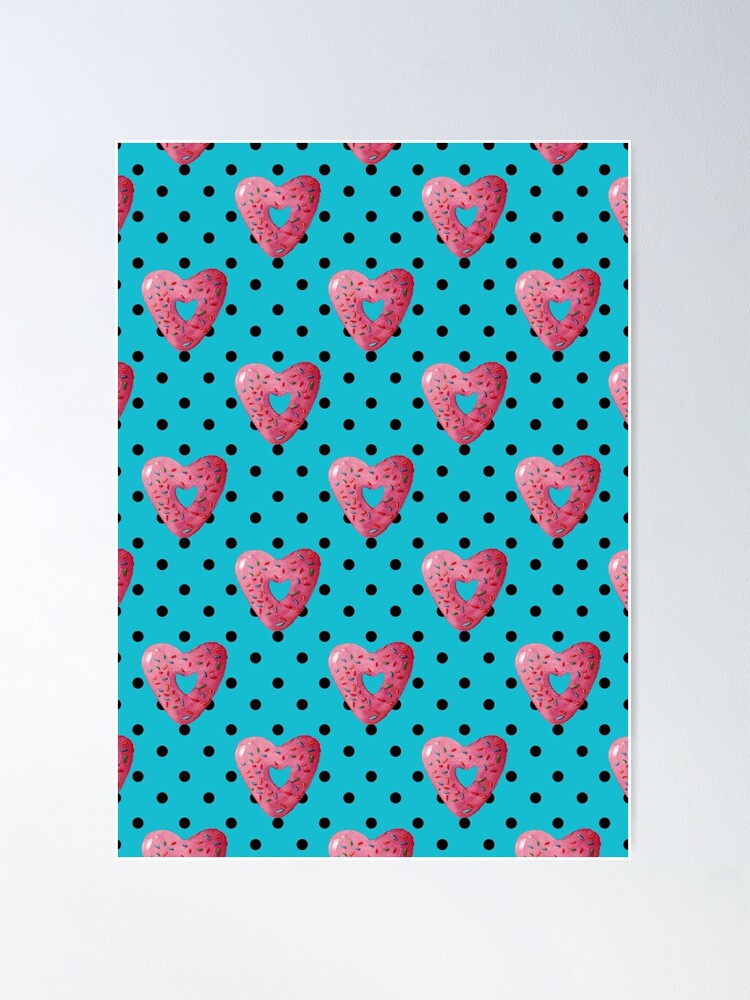 Pink plaid watercolor heart shaped donuts with polka dots on blue  background | Poster