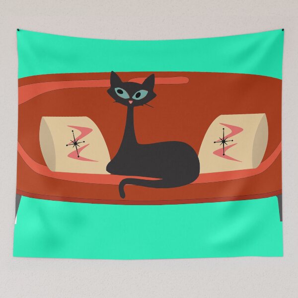 Item preview, Kitty Sitting on MCM Sofa Decorated with Boomerang Throw Pillows designed and sold by LisWilliams.