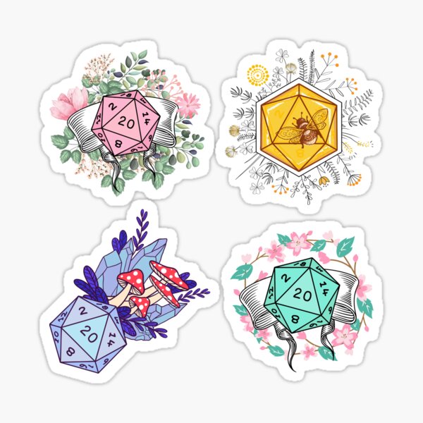Dnd sticker pack: Cute Dnd Dice collection with flowers, mushrooms, crystals and Bee. Sticker