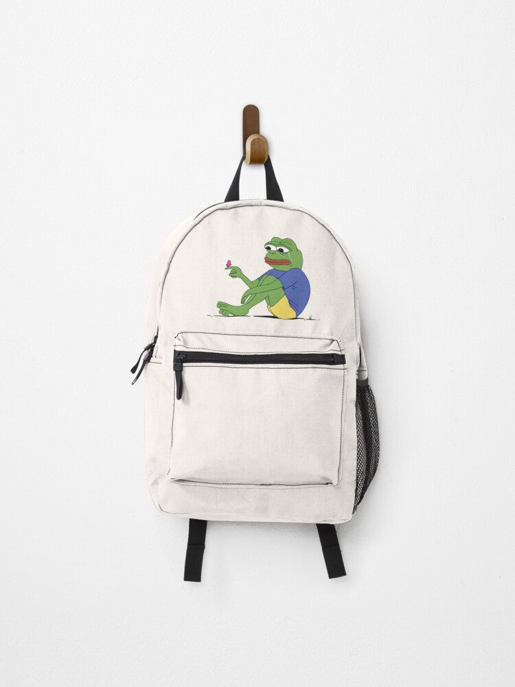 Pepe The Frog Meme Sad Crying PepeTheFrog with Butterfly landing on finger HD Pastel Beige Background HIGH QUALITY Backpack