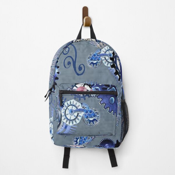 Item preview, gears, paisley, denim, monochrome, surrealism, steampunk, blue, pink, designed and sold by Maria Mihailova.