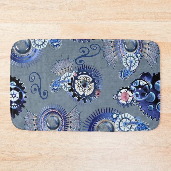 Item preview, gears, paisley, denim, monochrome, surrealism, steampunk, blue, pink, designed and sold by Maria Mihailova.