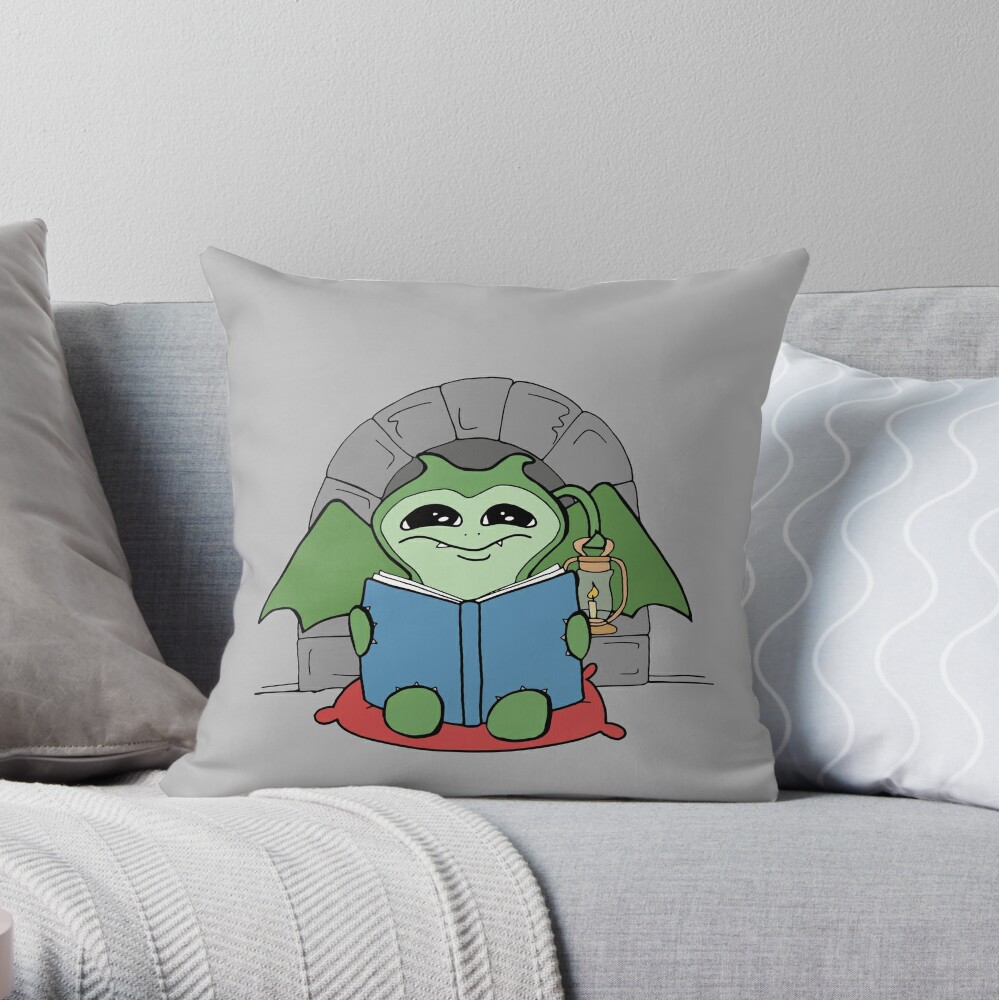 Baby Dragon Demon Thing Reading An Old Book Throw Pillow