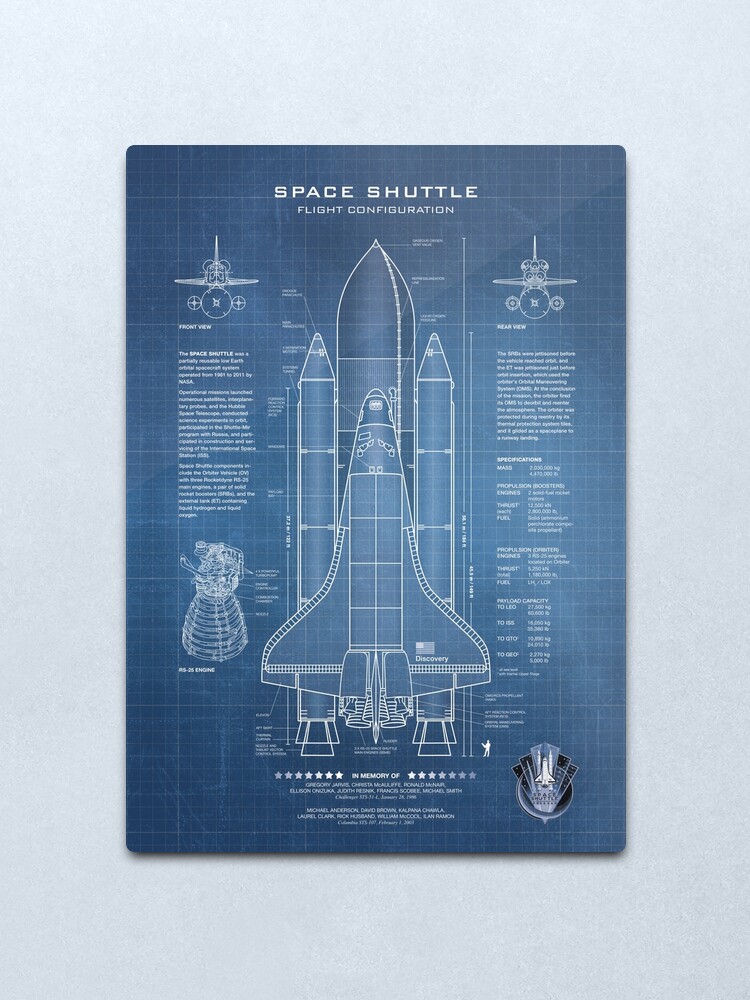 Alternate view of NASA Space Shuttle Blueprint in High Resolution (light blue) Metal Print