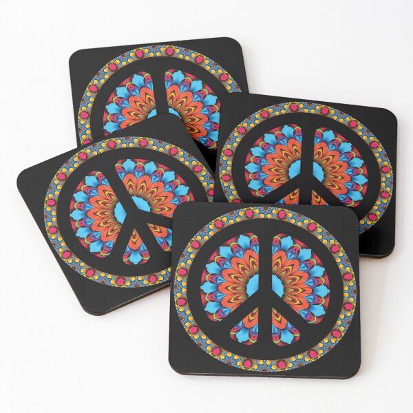 Item preview, CND Peace symbol in red, blue, and gold kaleidoscopic flower  designed and sold by effervescence.