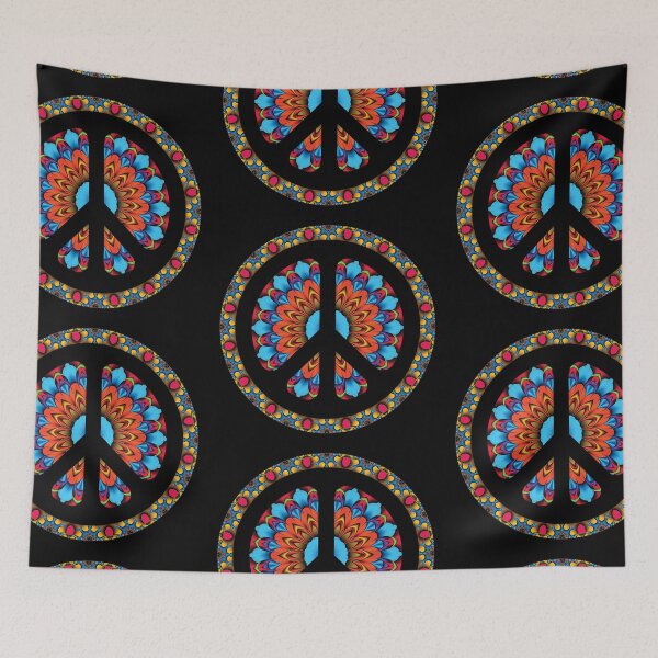 Item preview, CND Peace symbol in red, blue, and gold kaleidoscopic flower  designed and sold by effervescence.