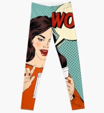Surprised Woman with Tablet in Hands and Bubble with Expression Wow. Pop Art Style Leggings