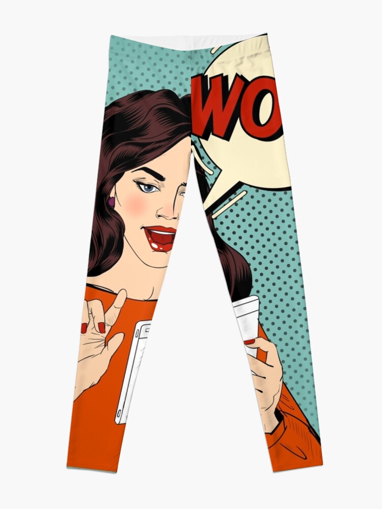 Alternate view of Surprised Woman with Tablet in Hands and Bubble with Expression Wow. Pop Art Style Leggings
