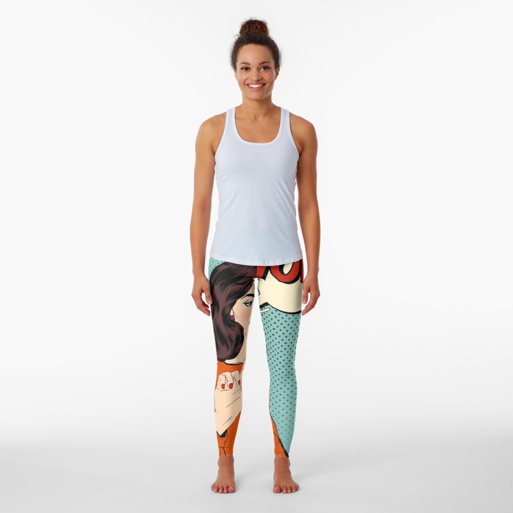 Surprised Woman with Tablet in Hands and Bubble with Expression Wow. Pop Art Style Leggings