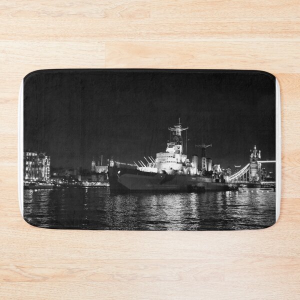 Item preview, Black and white HMS Belfast on the Thames near Tower bridge designed and sold by Ann Biddlecombe.