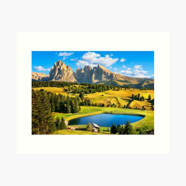 Lake and mountains, Alpe di Siusi or Seiser Alm, Dolomites Alps, Italy. Art Print