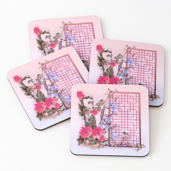 Item preview, Oriental watercolor flowers with a Chinese lattice on pink background designed and sold by CuisineCat.