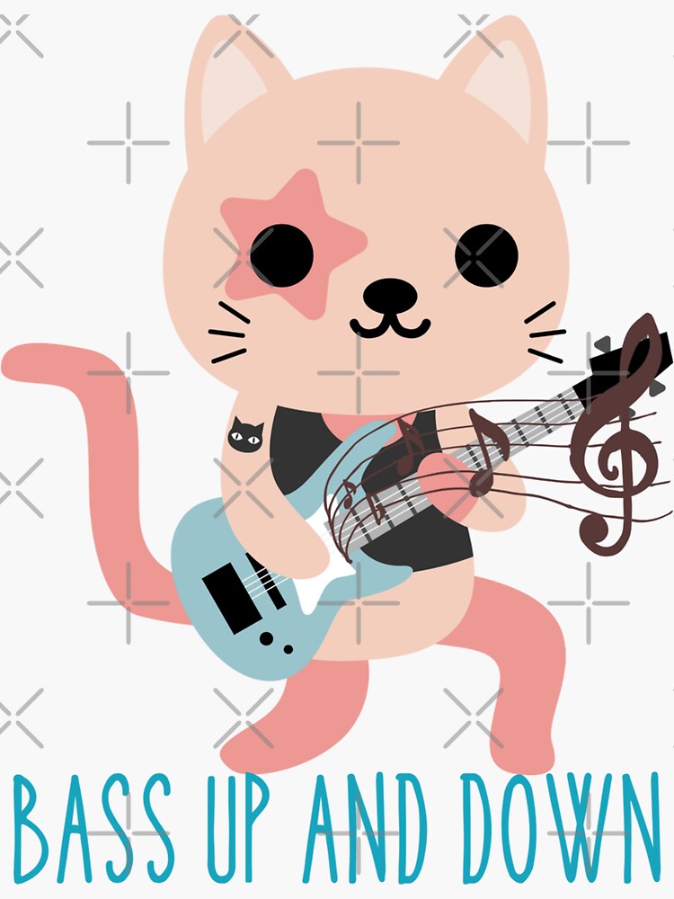 "Funny cat playing guitar meme pictures _ Bass up and down." Sticker