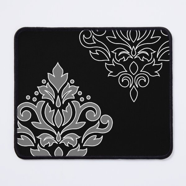 Scroll Damask Art I White Line Gray Black Mouse Pad