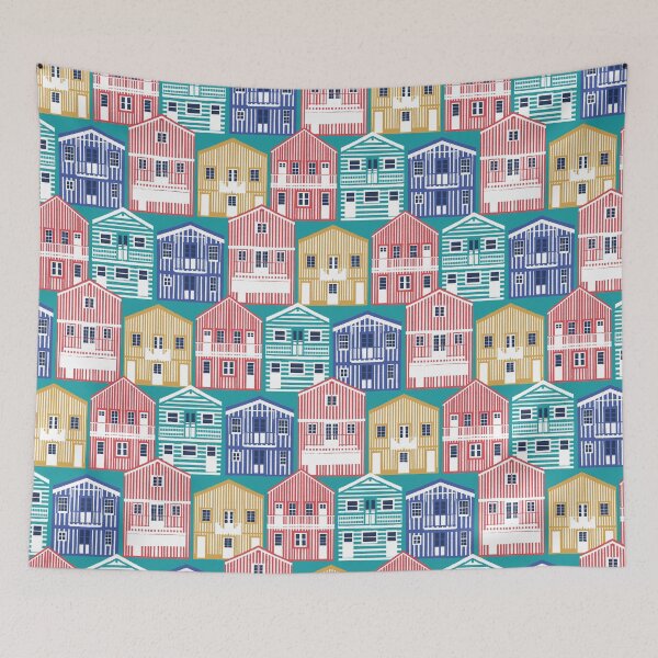 Item preview, Colourful Portuguese houses // peacock teal background rob roy yellow mandy red electric blue and peacock teal Costa Nova inspired houses designed and sold by SelmaCardoso.