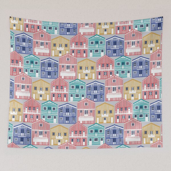 Item preview, Colourful Portuguese houses // light grey background rob roy yellow mandy red electric blue and peacock teal Costa Nova inspired houses designed and sold by SelmaCardoso.