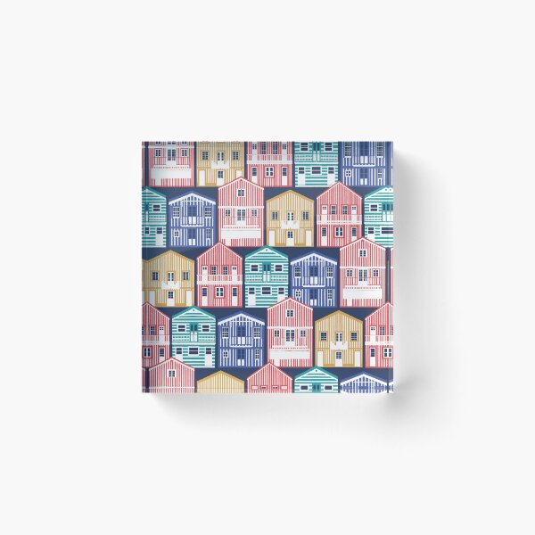 Item preview, Colourful Portuguese houses // navy blue background rob roy yellow mandy red electric blue and peacock teal Costa Nova inspired houses designed and sold by SelmaCardoso.