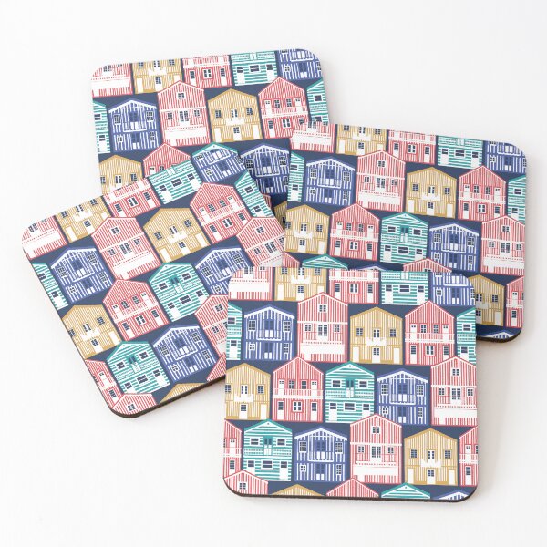 Item preview, Colourful Portuguese houses // navy blue background rob roy yellow mandy red electric blue and peacock teal Costa Nova inspired houses designed and sold by SelmaCardoso.