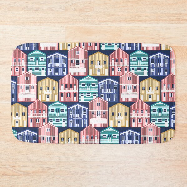 Item preview, Colourful Portuguese houses // navy blue background rob roy yellow mandy red electric blue and peacock teal Costa Nova inspired houses designed and sold by SelmaCardoso.