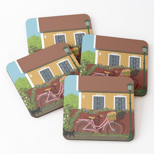 Item preview, Pink bike with flowers in the Summernight in the street by the cottage in a Scandinavian country designed and sold by marina63.