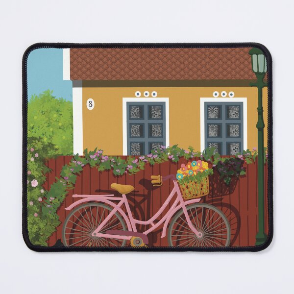 Item preview, Pink bike with flowers in the Summernight in the street by the cottage in a Scandinavian country designed and sold by marina63.