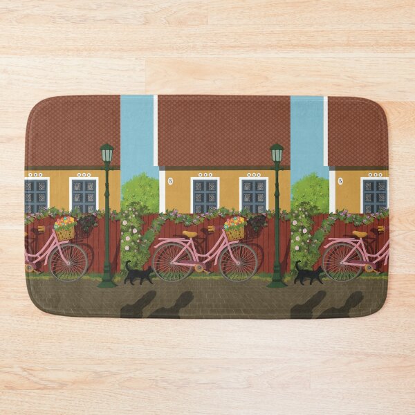Item preview, Pink bike with flowers in the Summernight in the street by the cottage in a Scandinavian country designed and sold by marina63.