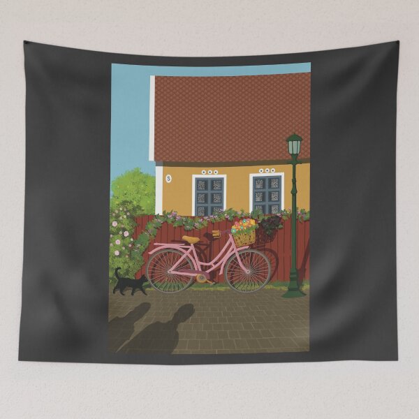 Item preview, Pink bike with flowers in the Summernight in the street by the cottage in a Scandinavian country designed and sold by marina63.